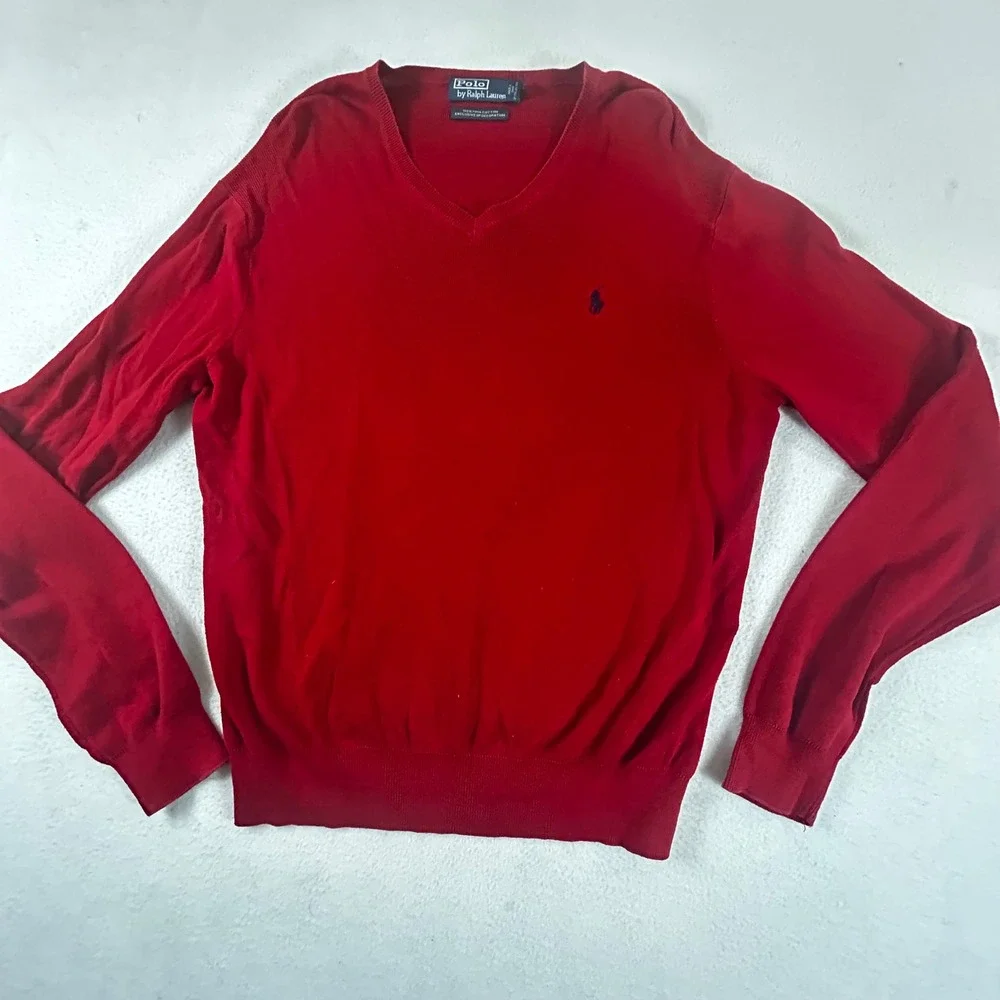 Polo Ralph Lauren Red V Neck Cotton Sweater Men's Size L‎ Long Sleeve